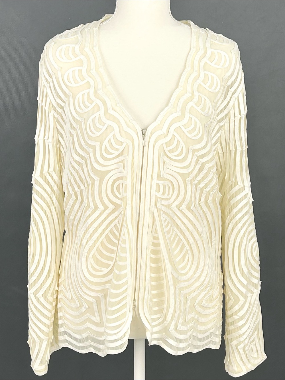 Alexandra Rosati Ivory Sheer Art Deco Soutache Zip Jacket Size 14